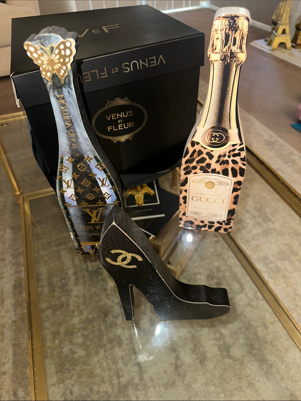 CHANEL Gucci LV Black Leather High Heel Figurine with Gold Logo